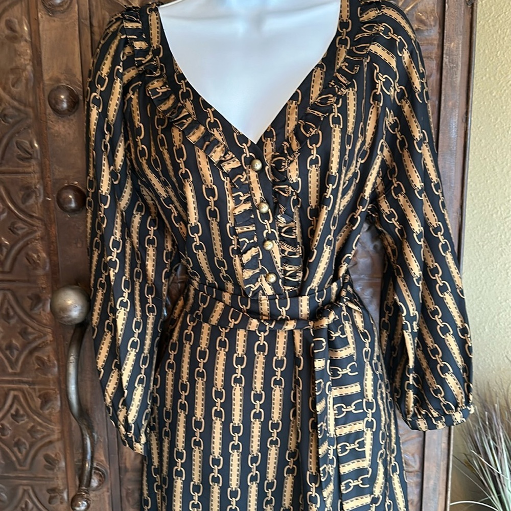 Skirtin Around Black & Tan Chainlink Print Silk Belted Shirt Dress